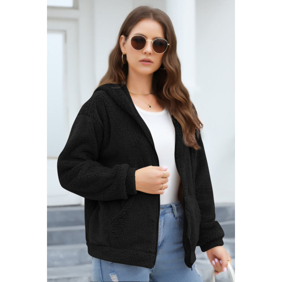 Zip Up Long Sleeve Fuzzy Hooded Outerwear Apparel and Accessories