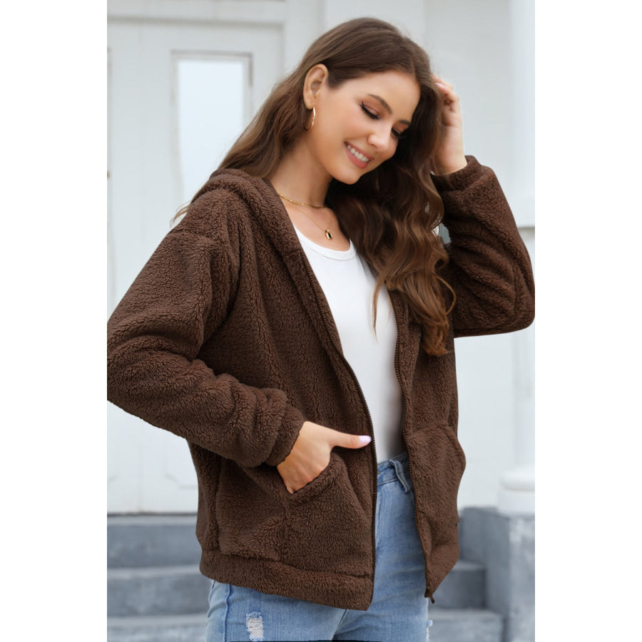 Zip Up Long Sleeve Fuzzy Hooded Outerwear Apparel and Accessories