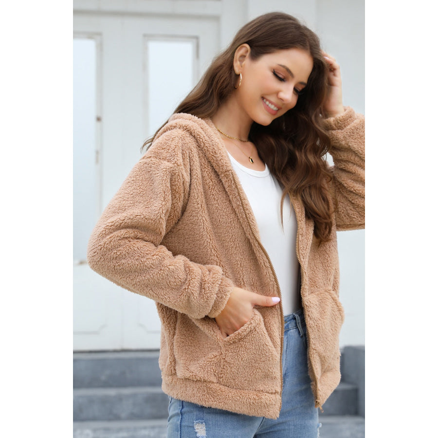 Zip Up Long Sleeve Fuzzy Hooded Outerwear Apparel and Accessories