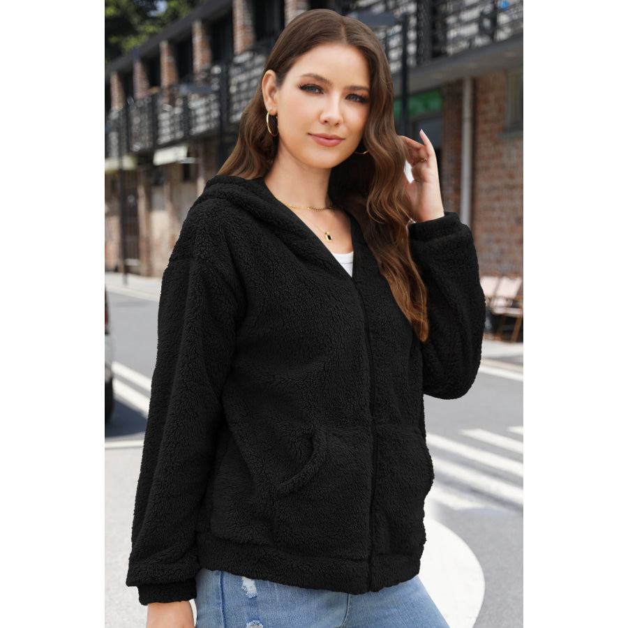 Zip Up Long Sleeve Fuzzy Hooded Outerwear Apparel and Accessories