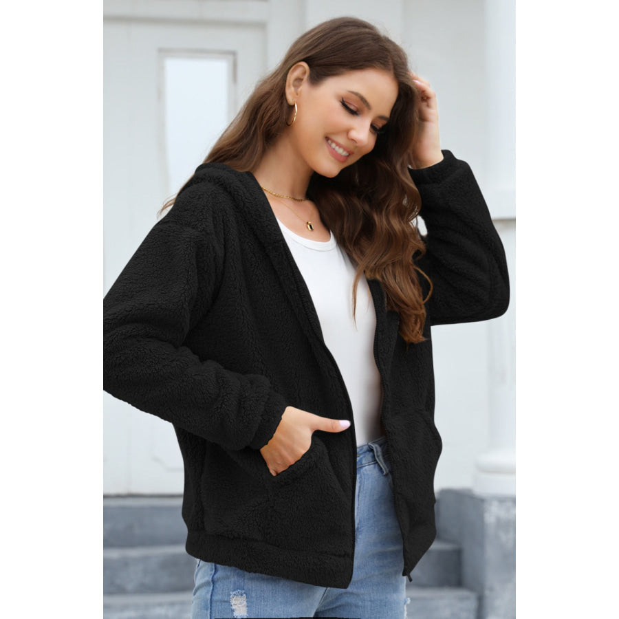 Zip Up Long Sleeve Fuzzy Hooded Outerwear Apparel and Accessories