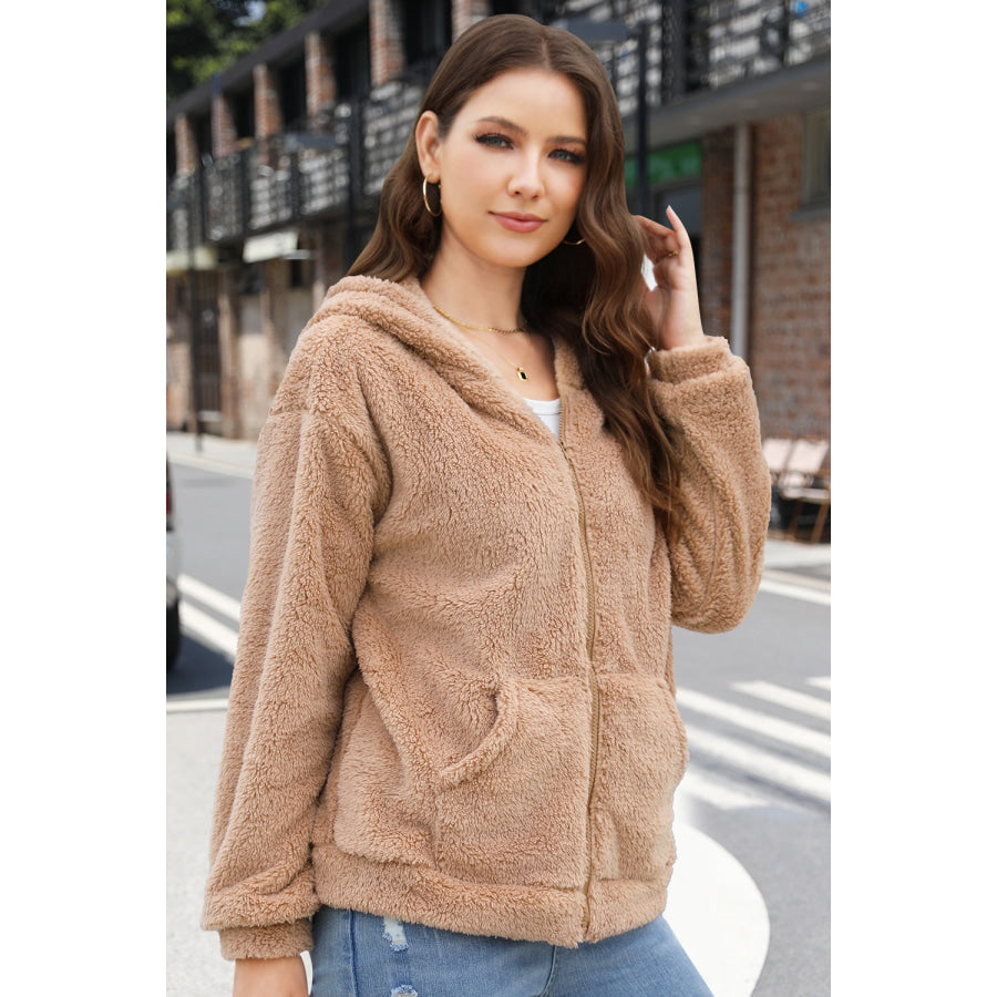 Zip Up Long Sleeve Fuzzy Hooded Outerwear Apparel and Accessories