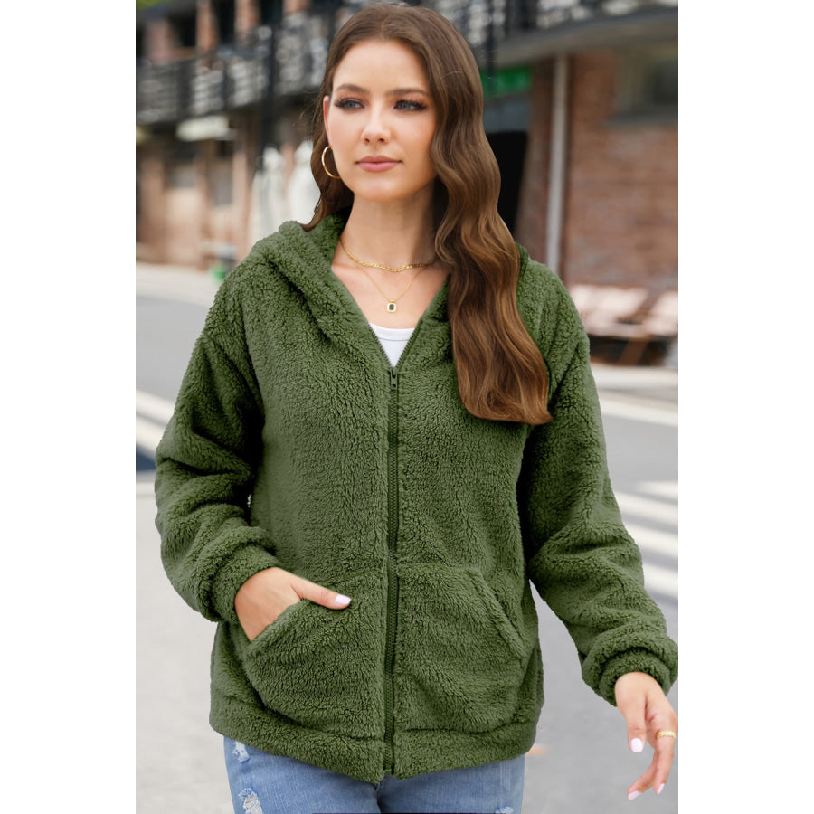 Zip Up Long Sleeve Fuzzy Hooded Outerwear Apparel and Accessories