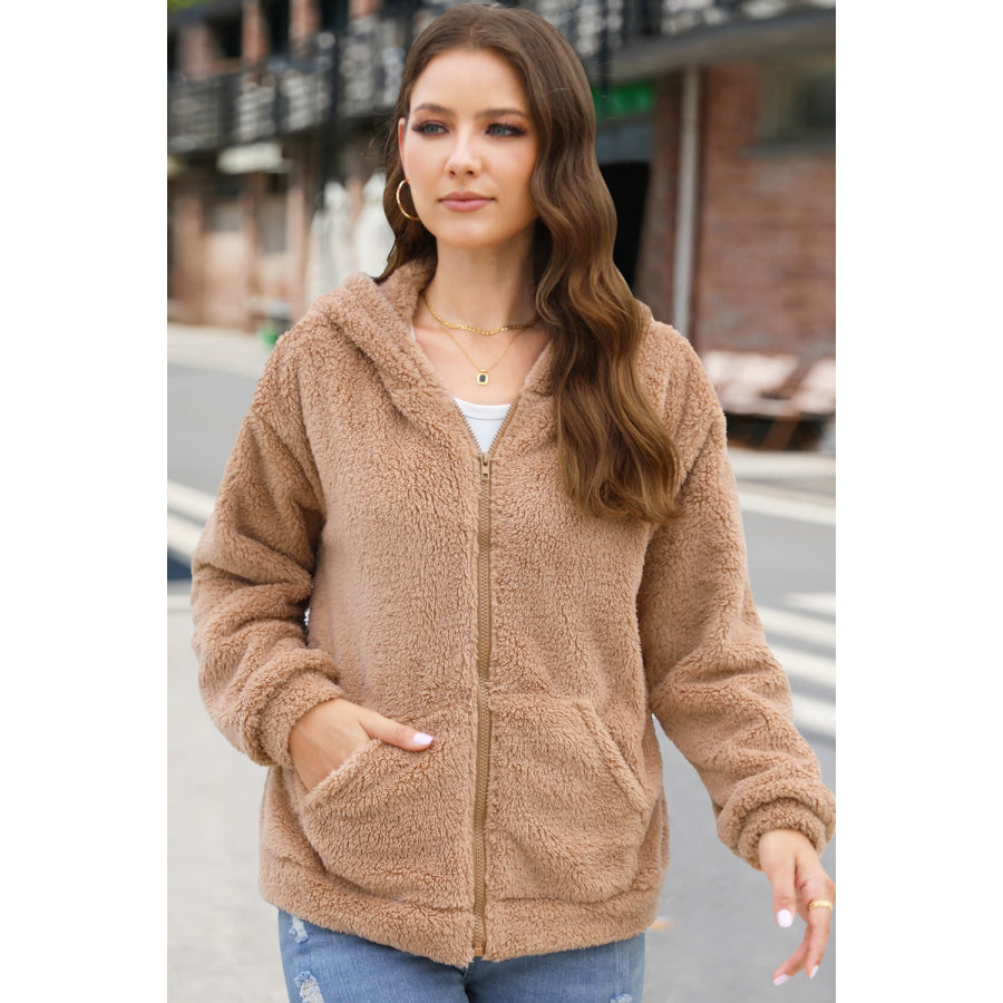 Zip Up Long Sleeve Fuzzy Hooded Outerwear Apparel and Accessories