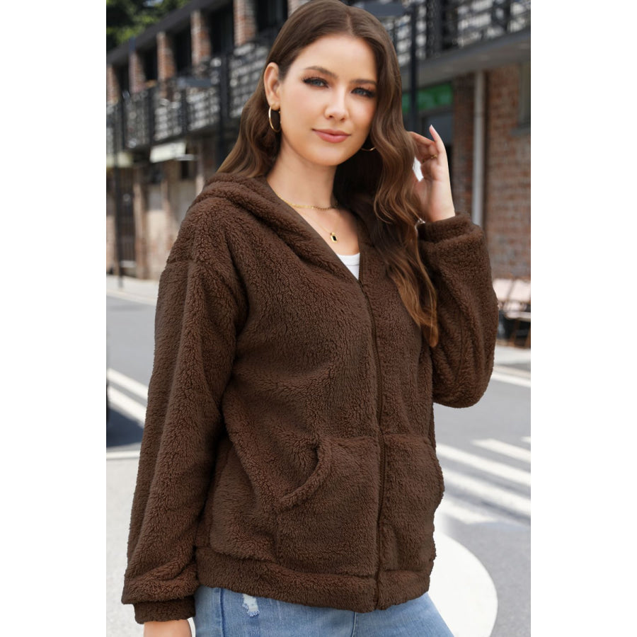 Zip Up Long Sleeve Fuzzy Hooded Outerwear Apparel and Accessories