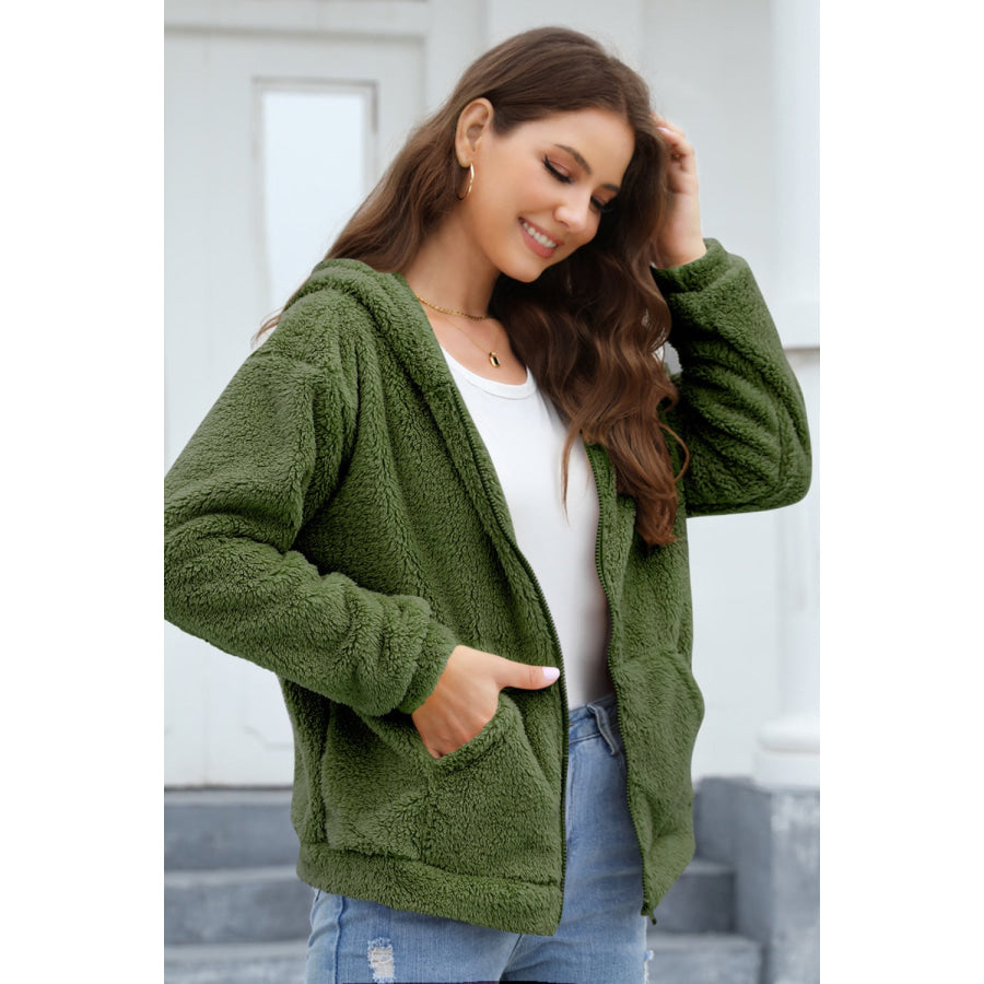 Zip Up Long Sleeve Fuzzy Hooded Outerwear Army Green / S Apparel and Accessories