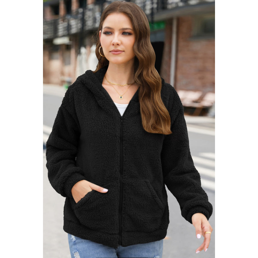 Zip Up Long Sleeve Fuzzy Hooded Outerwear Black / S Apparel and Accessories