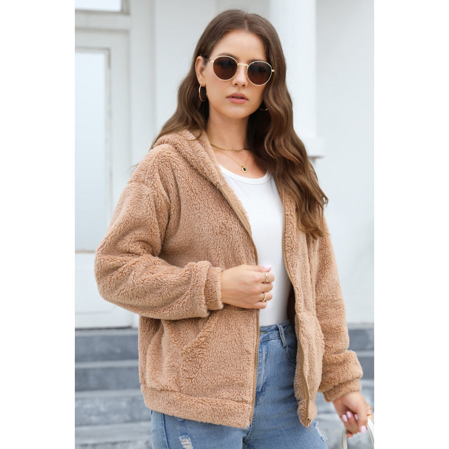 Zip Up Long Sleeve Fuzzy Hooded Outerwear Camel / S Apparel and Accessories