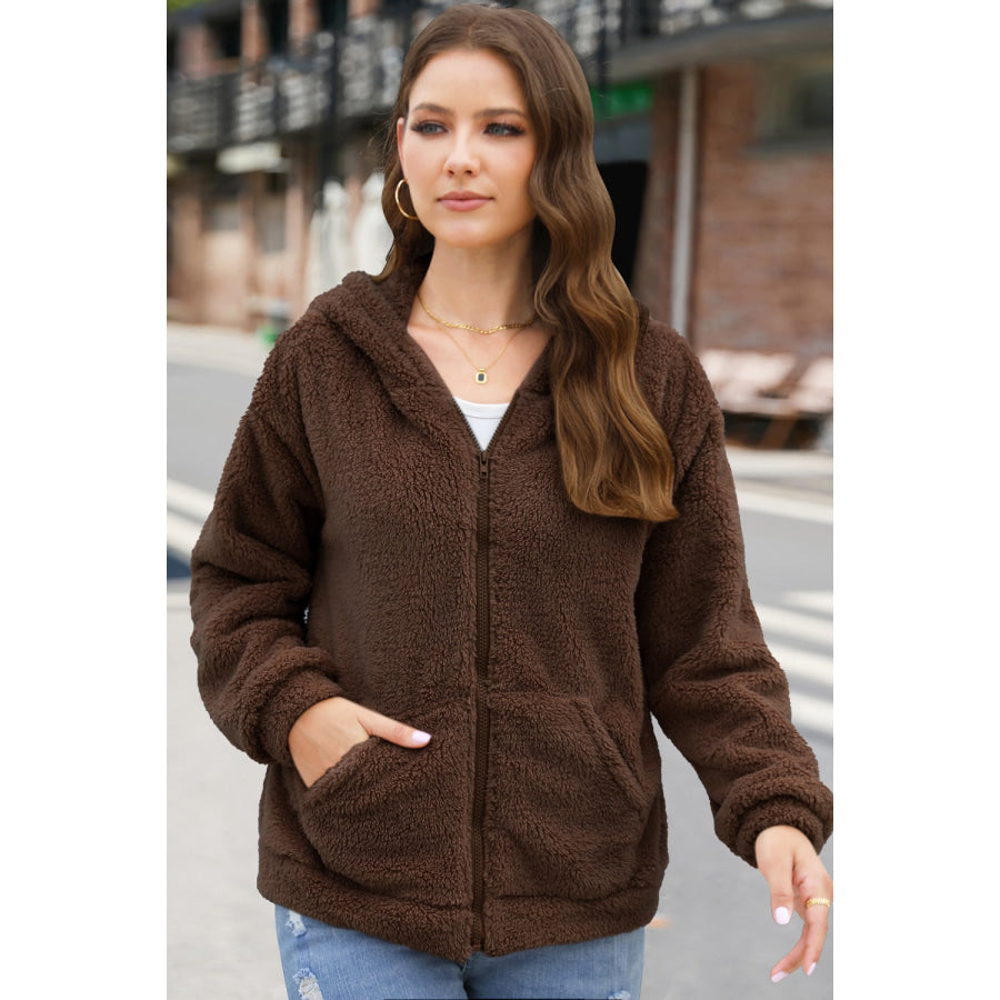 Zip Up Long Sleeve Fuzzy Hooded Outerwear Chocolate / S Apparel and Accessories