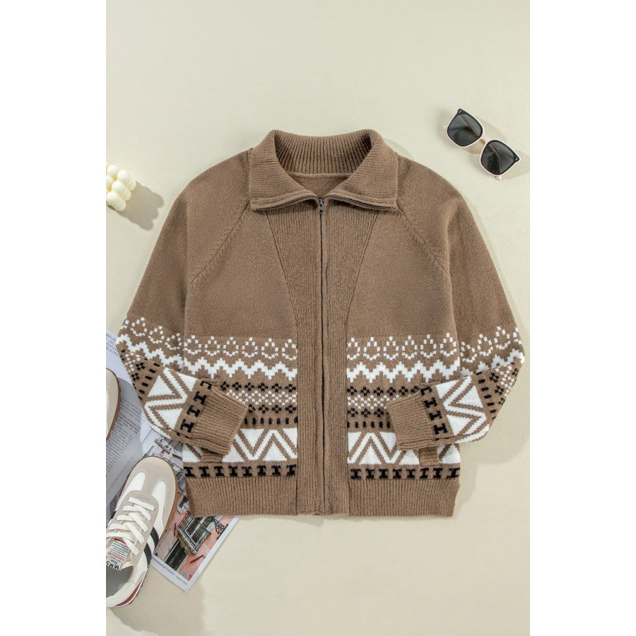 Zip Up Long Sleeve Geometric Cardigan Apparel and Accessories