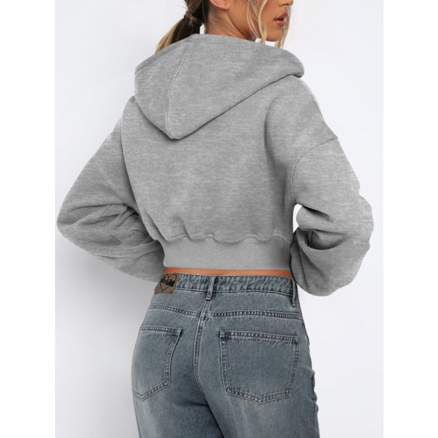 Zip Up Long Sleeve Hooded Cropped Jacket Gray / S Apparel and Accessories