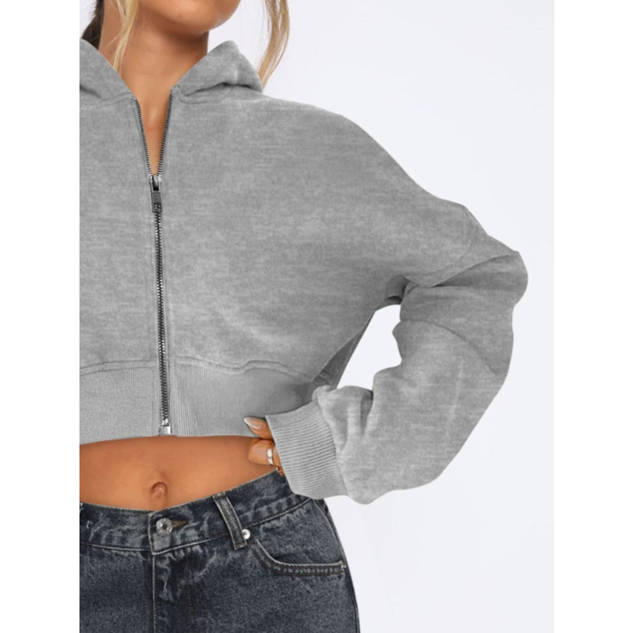 Zip Up Long Sleeve Hooded Cropped Jacket Apparel and Accessories