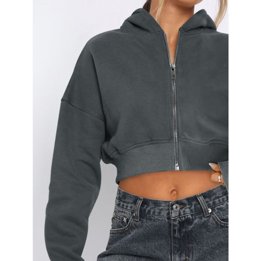 Zip Up Long Sleeve Hooded Cropped Jacket Apparel and Accessories