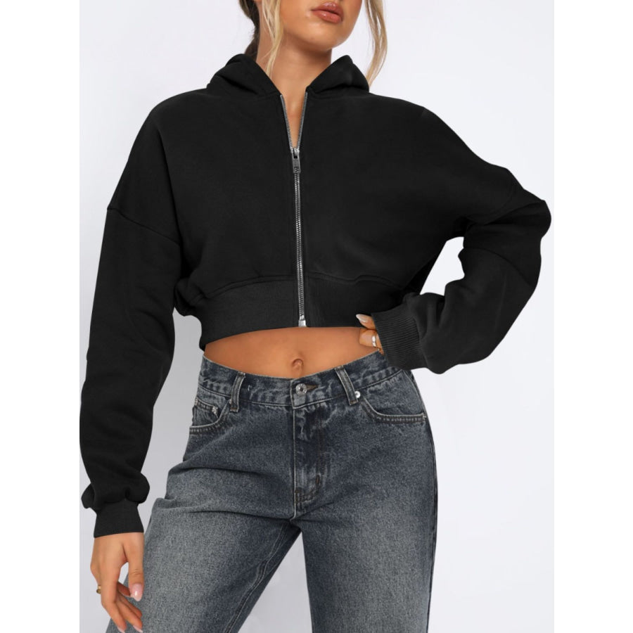 Zip Up Long Sleeve Hooded Cropped Jacket Black / S Apparel and Accessories