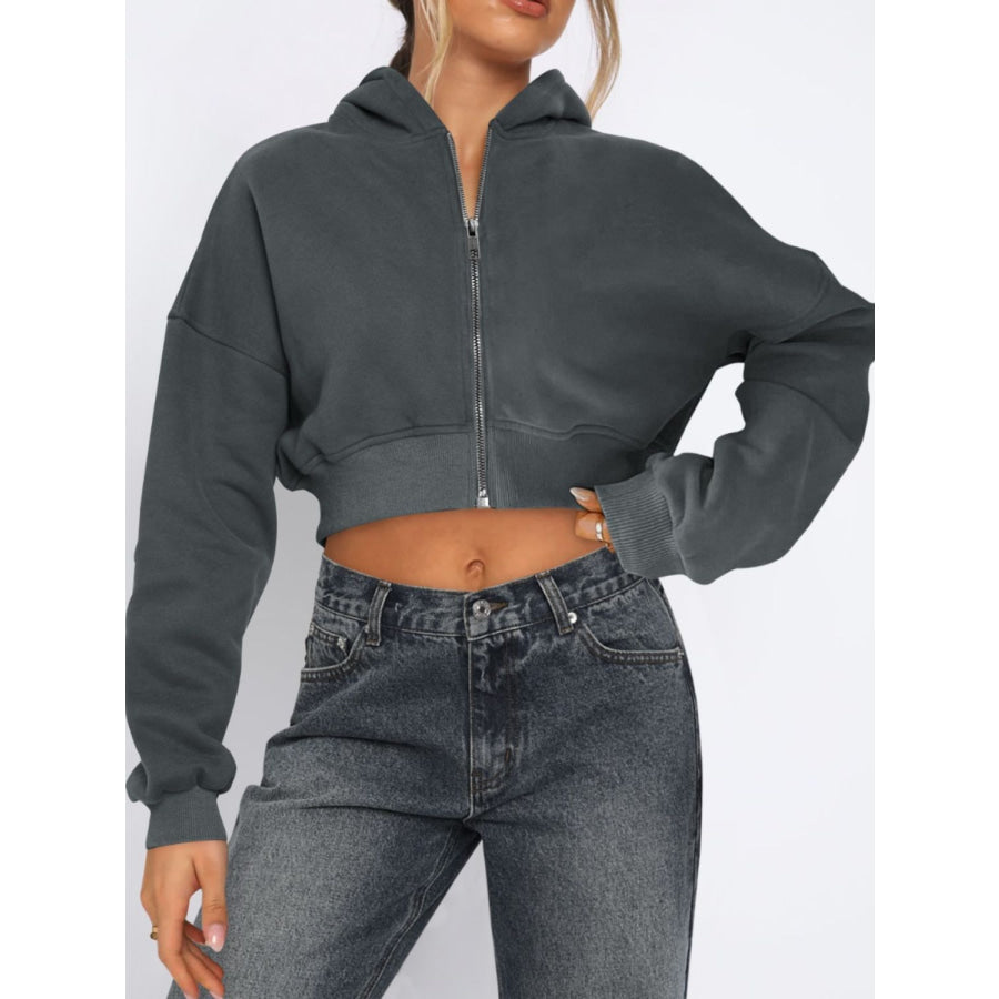 Zip Up Long Sleeve Hooded Cropped Jacket Dark Gray / S Apparel and Accessories