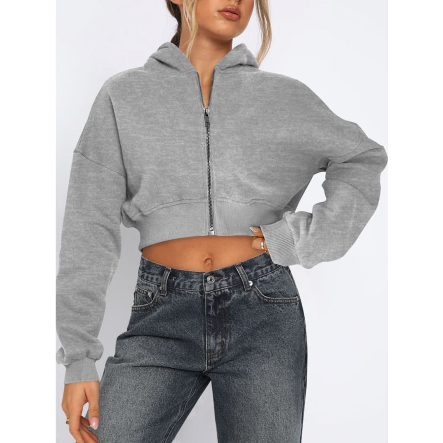 Zip Up Long Sleeve Hooded Cropped Jacket Gray / S Apparel and Accessories