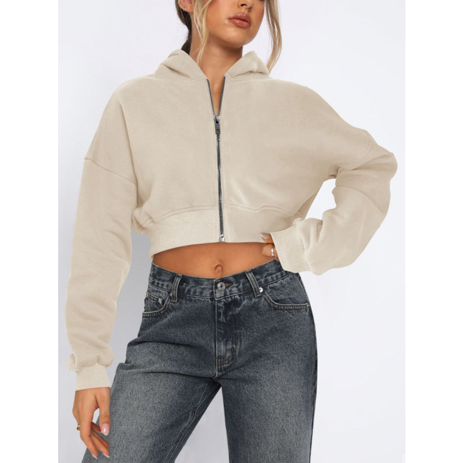 Zip Up Long Sleeve Hooded Cropped Jacket Khaki / S Apparel and Accessories