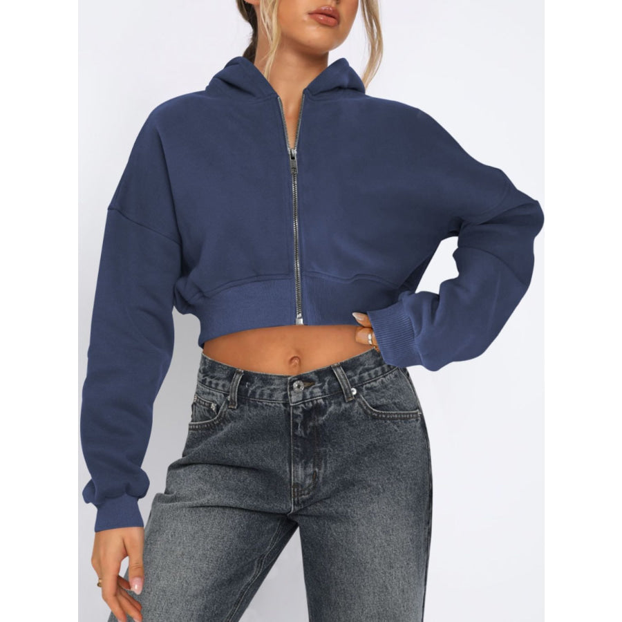 Zip Up Long Sleeve Hooded Cropped Jacket Navy / S Apparel and Accessories