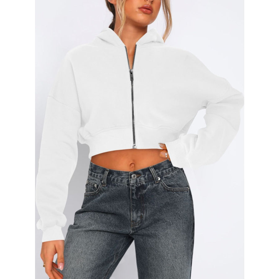 Zip Up Long Sleeve Hooded Cropped Jacket White / S Apparel and Accessories