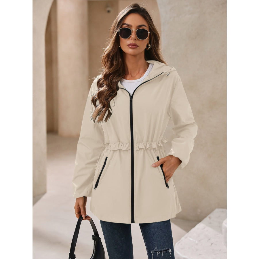 Zip Up Long Sleeve Hooded Jacket Tan / S Apparel and Accessories