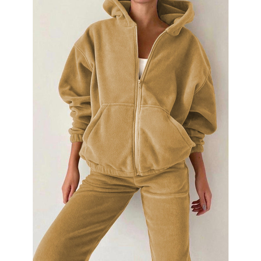 Zip Up Long Sleeve Hoodie and Joggers Set Tan / S Apparel and Accessories