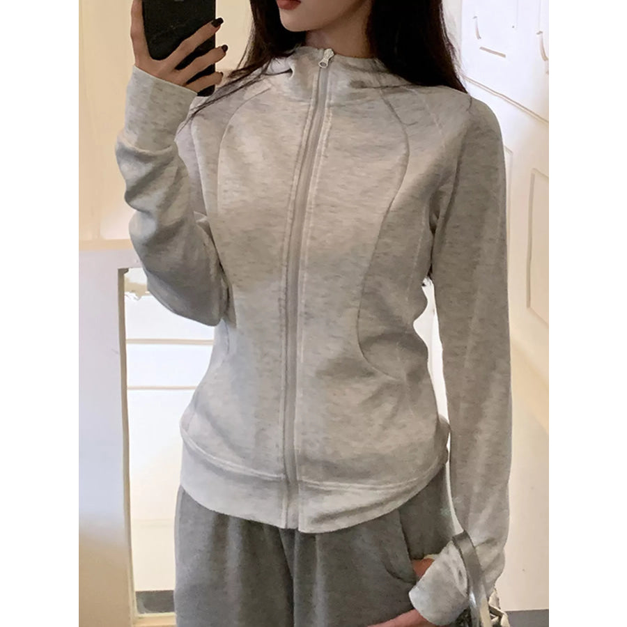 Zip Up Long Sleeve Hoodie Light Gray / S Apparel and Accessories