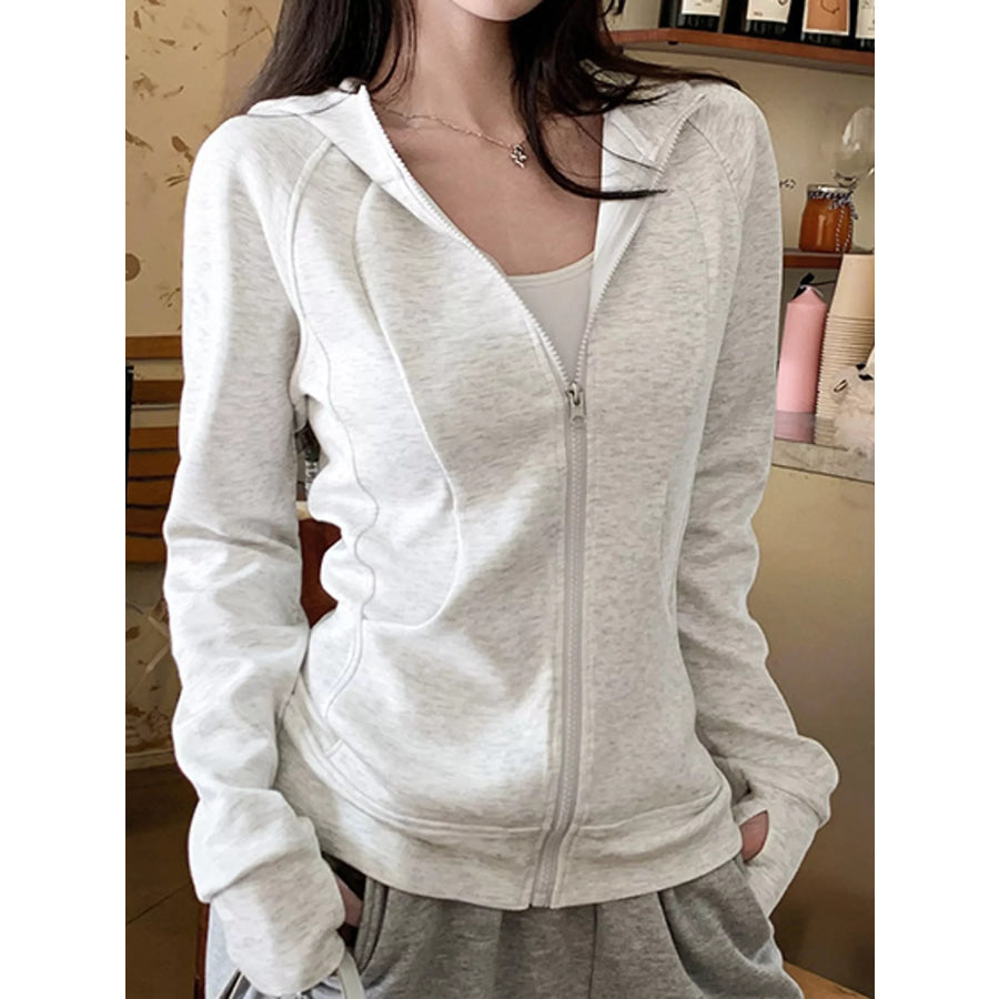 Zip Up Long Sleeve Hoodie Whitish Gray / S Apparel and Accessories