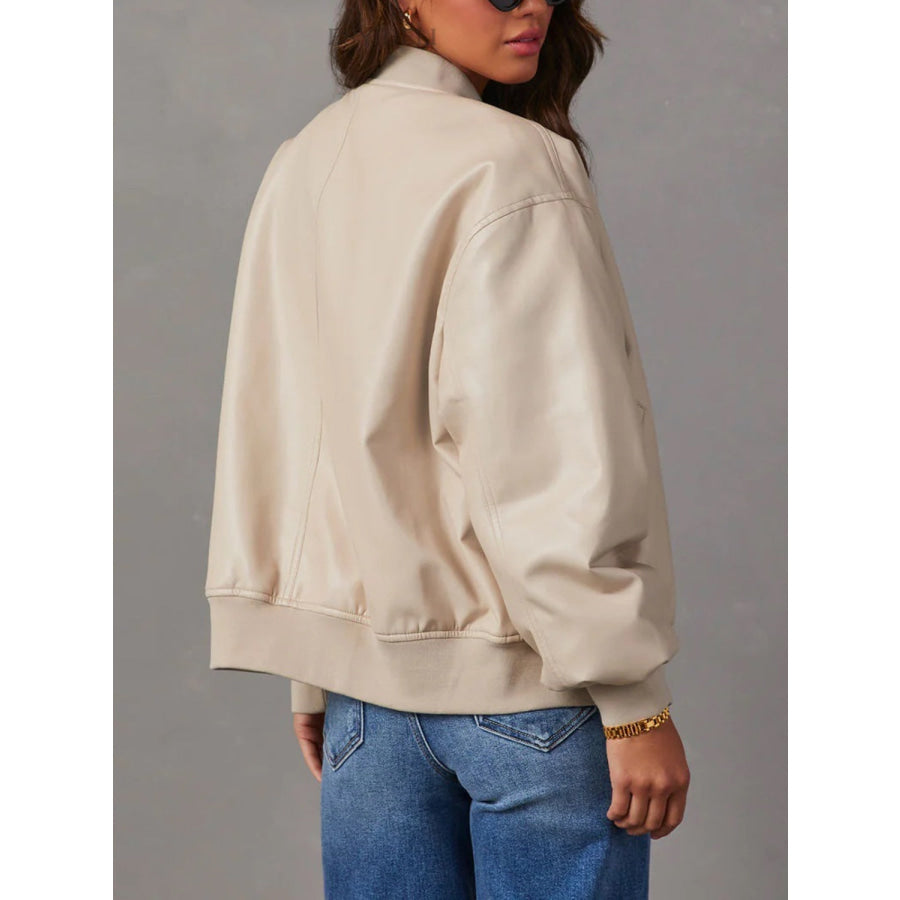 Zip Up Long Sleeve Jacket Beige / S Apparel and Accessories