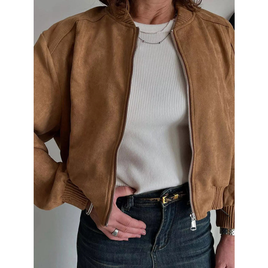 Zip Up Long Sleeve Jacket Brown / S Apparel and Accessories
