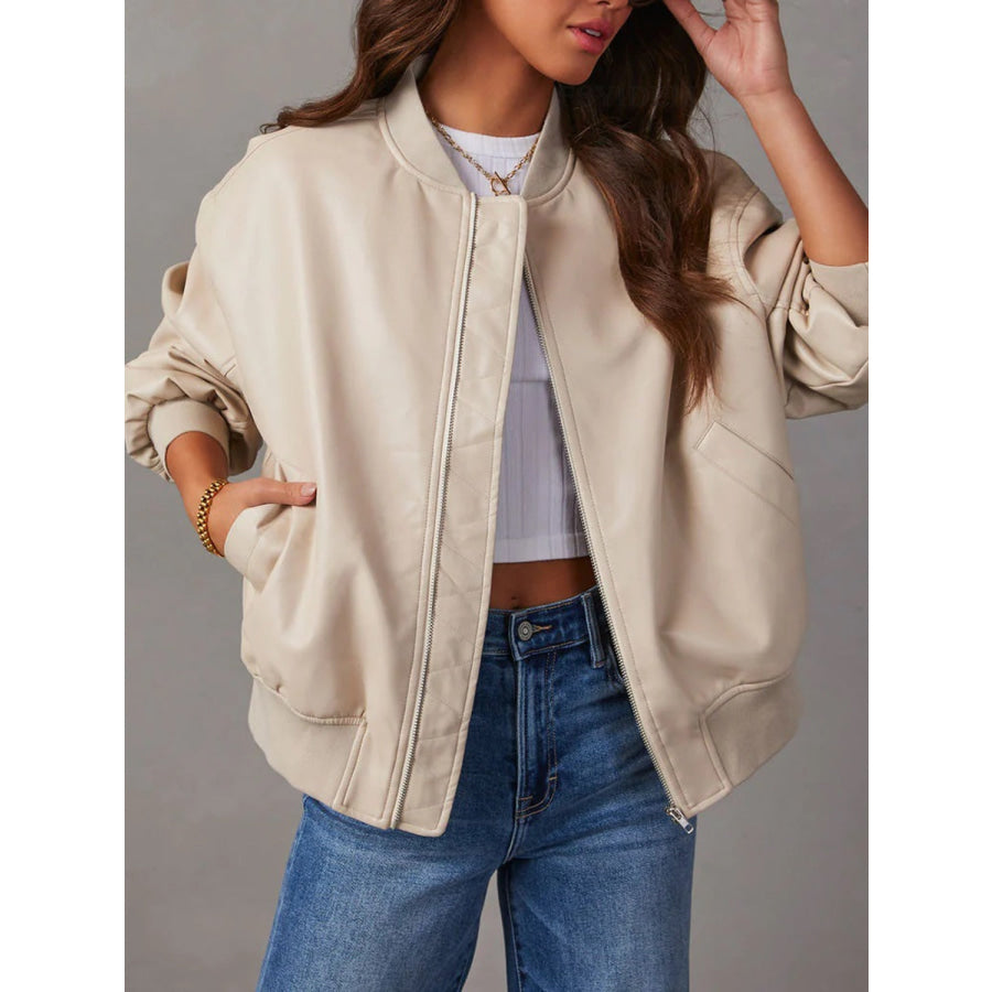 Zip Up Long Sleeve Jacket Beige / S Apparel and Accessories