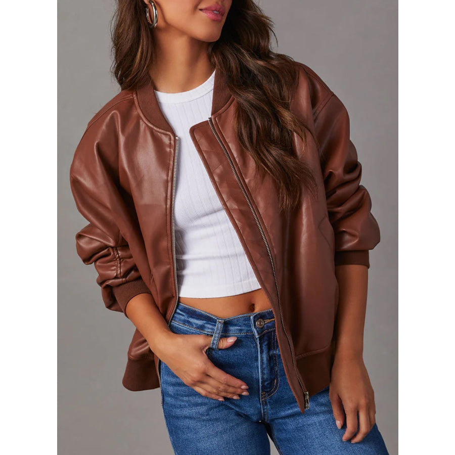 Zip Up Long Sleeve Jacket Brown / S Apparel and Accessories