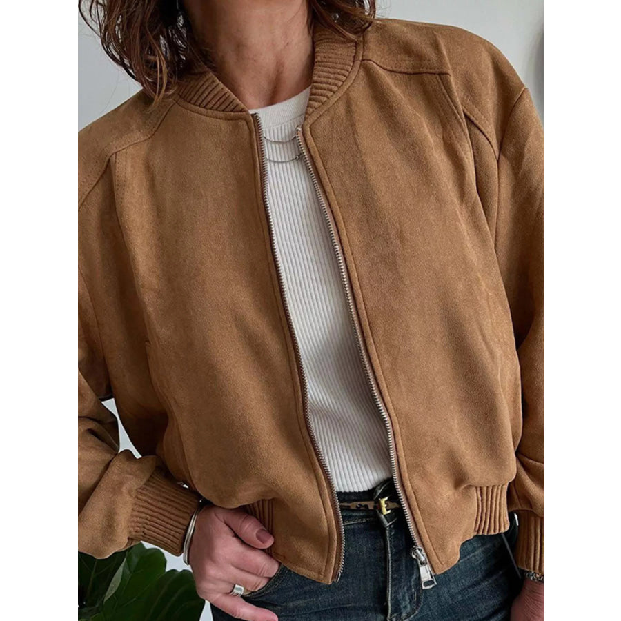 Zip Up Long Sleeve Jacket Brown / S Apparel and Accessories