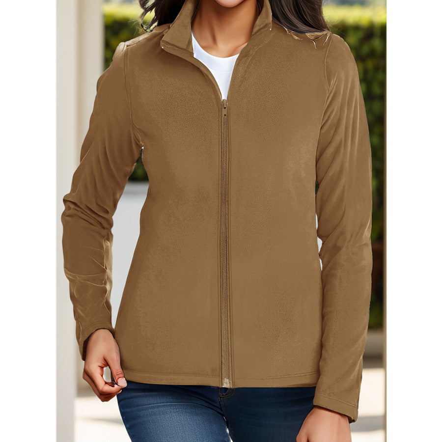 Zip Up Long Sleeve Jacket Taupe / S Apparel and Accessories