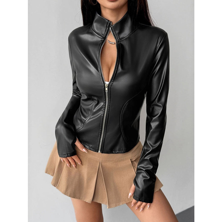 Zip Up Long Sleeve Leather Jacket Apparel and Accessories