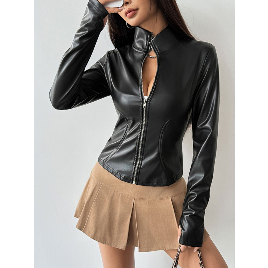 Zip Up Long Sleeve Leather Jacket Apparel and Accessories