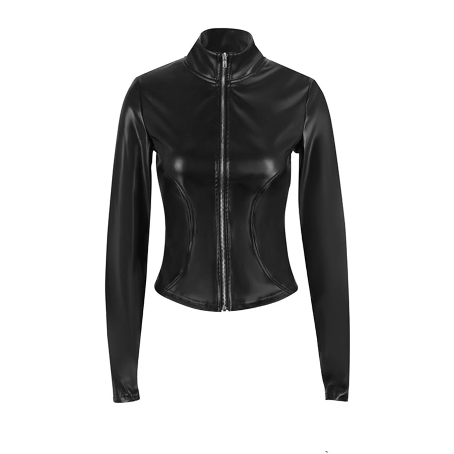 Zip Up Long Sleeve Leather Jacket Apparel and Accessories