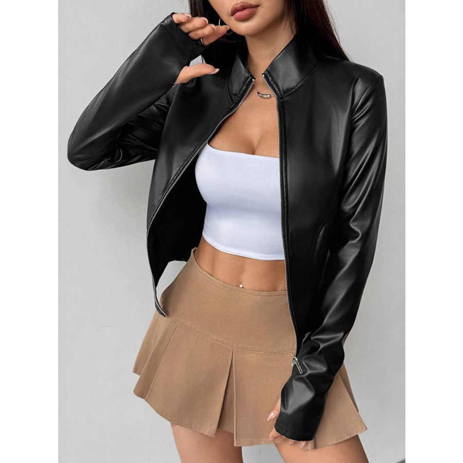 Zip Up Long Sleeve Leather Jacket Apparel and Accessories