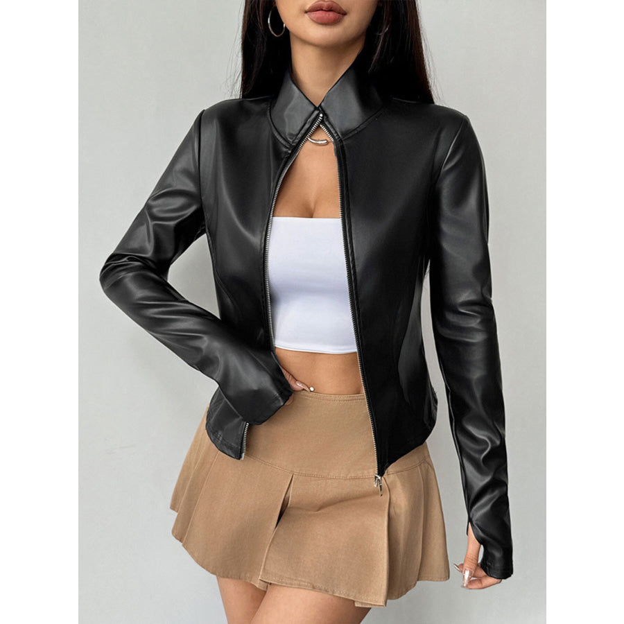 Zip Up Long Sleeve Leather Jacket Apparel and Accessories