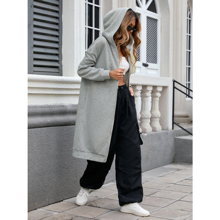 Zip Up Long Sleeve Longline Hooded Outerwear Apparel and Accessories