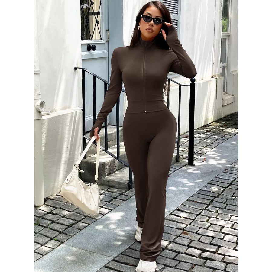 Zip Up Long Sleeve Outerwear and Pants Active Set Apparel and Accessories