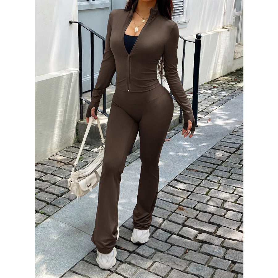 Zip Up Long Sleeve Outerwear and Pants Active Set Brown / S Apparel and Accessories