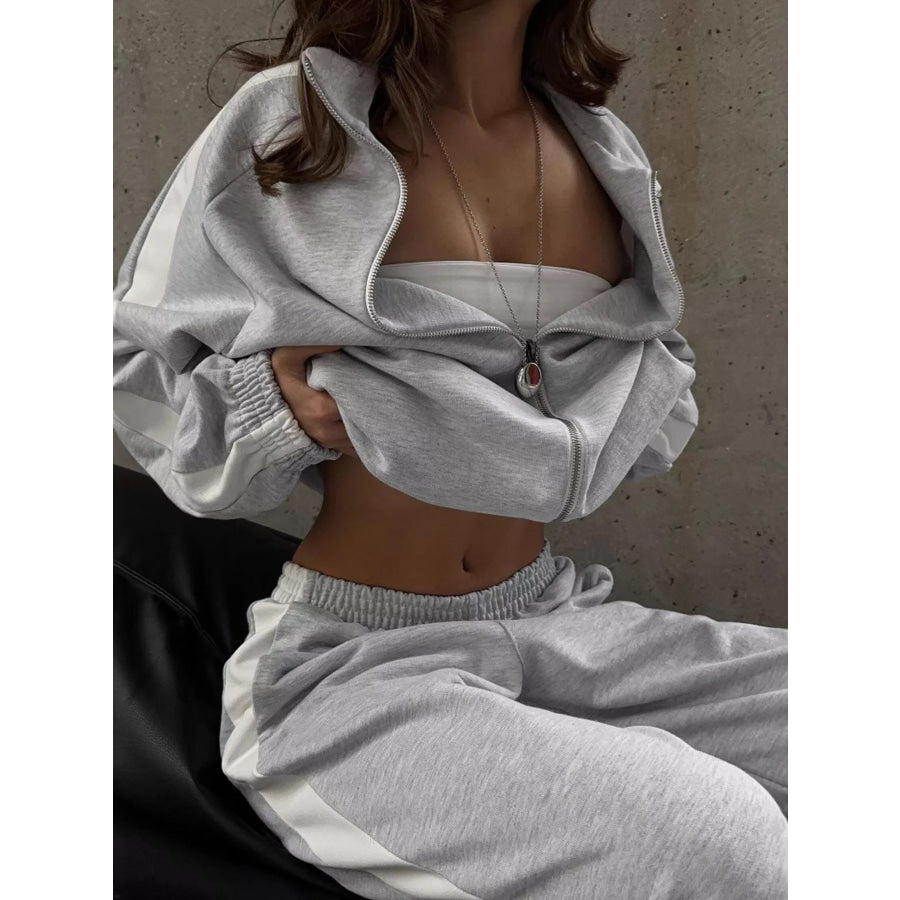 Zip Up Long Sleeve Outerwear and Pants Set Light Gray / S Apparel and Accessories