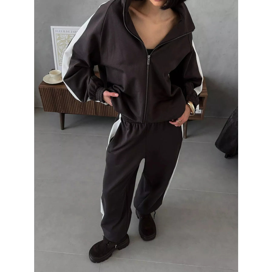 Zip Up Long Sleeve Outerwear and Pants Set Black / S Apparel and Accessories