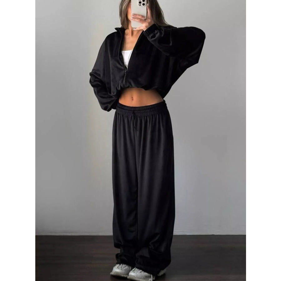 Zip Up Long Sleeve Outerwear and Pants Set Black / S Apparel and Accessories