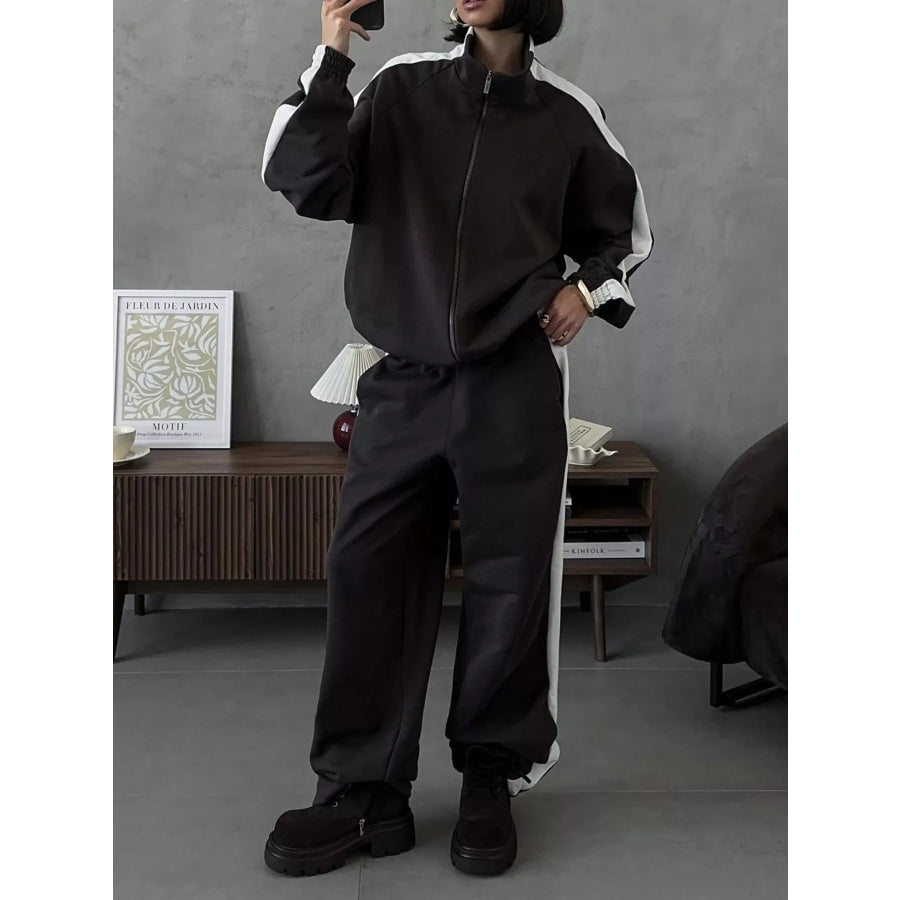 Zip Up Long Sleeve Outerwear and Pants Set Brown / S Apparel and Accessories