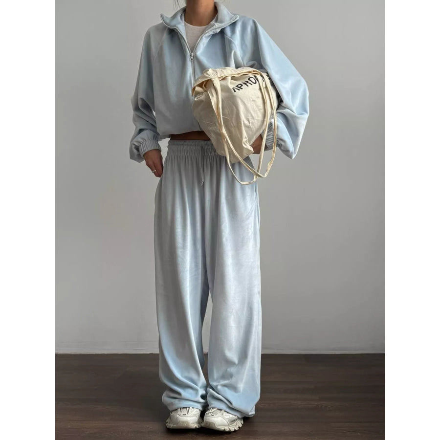 Zip Up Long Sleeve Outerwear and Pants Set Light Blue / S Apparel and Accessories