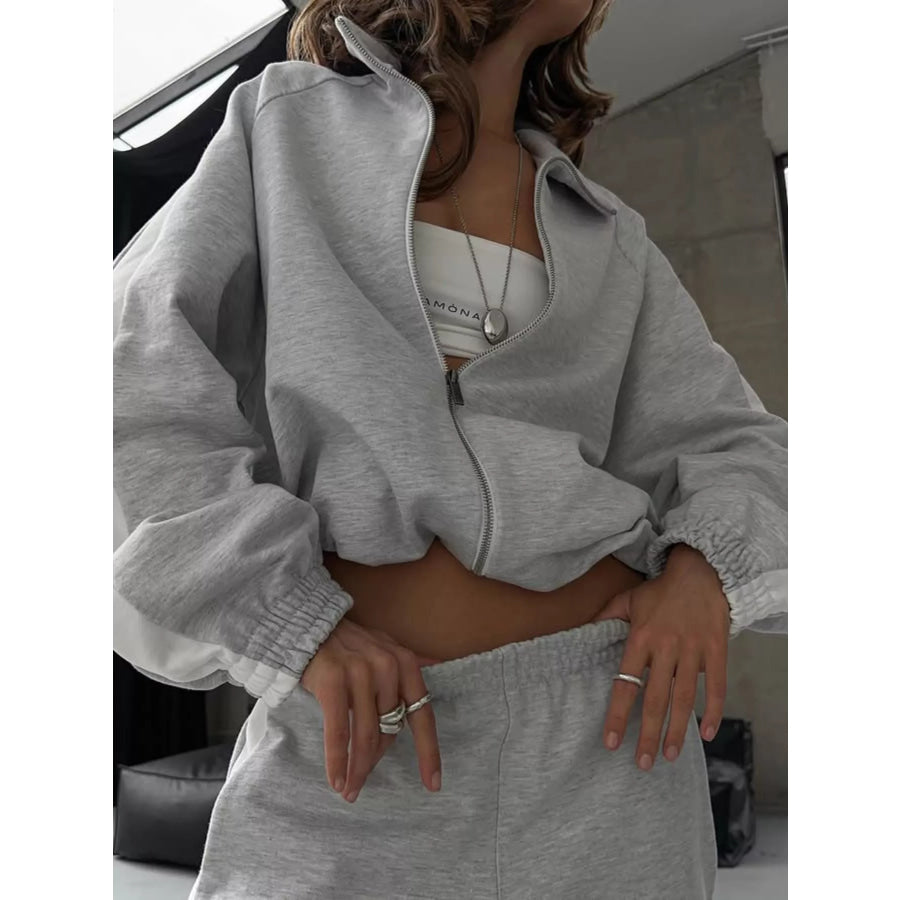 Zip Up Long Sleeve Outerwear and Pants Set Light Gray / S Apparel and Accessories