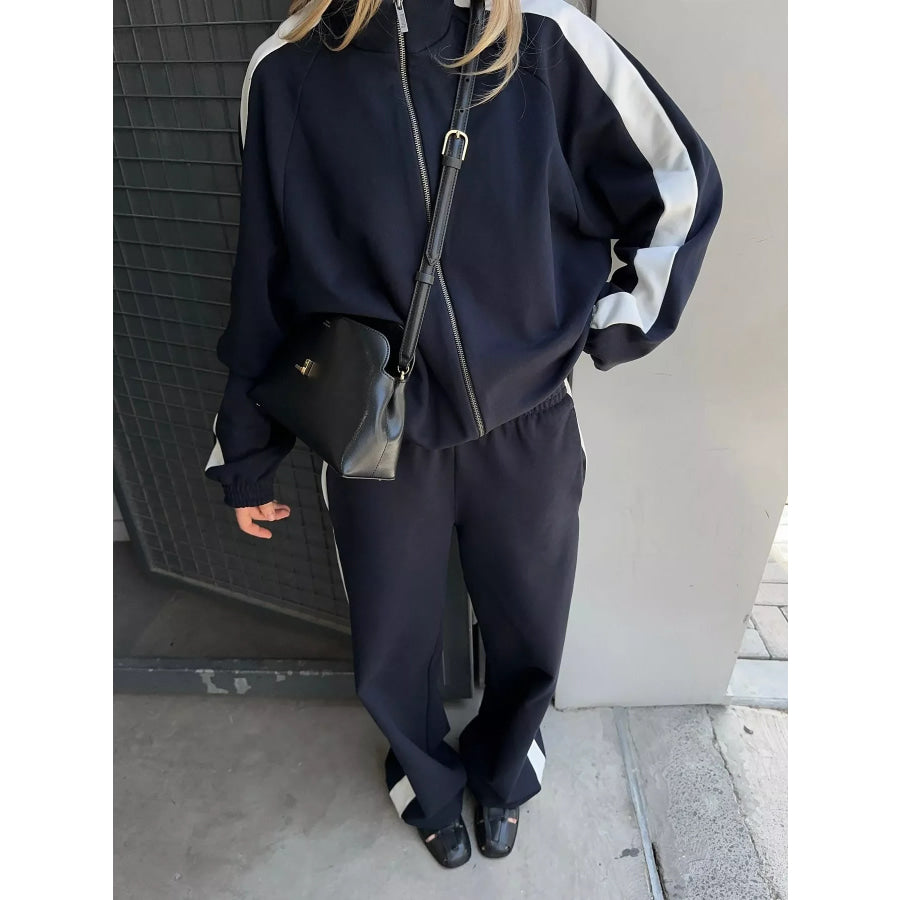 Zip Up Long Sleeve Outerwear and Pants Set Navy Blue / S Apparel and Accessories