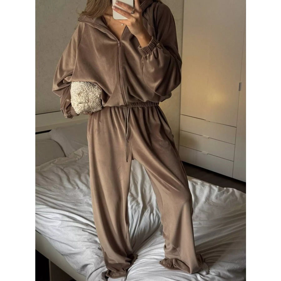Zip Up Long Sleeve Outerwear and Pants Set Taupe / S Apparel and Accessories
