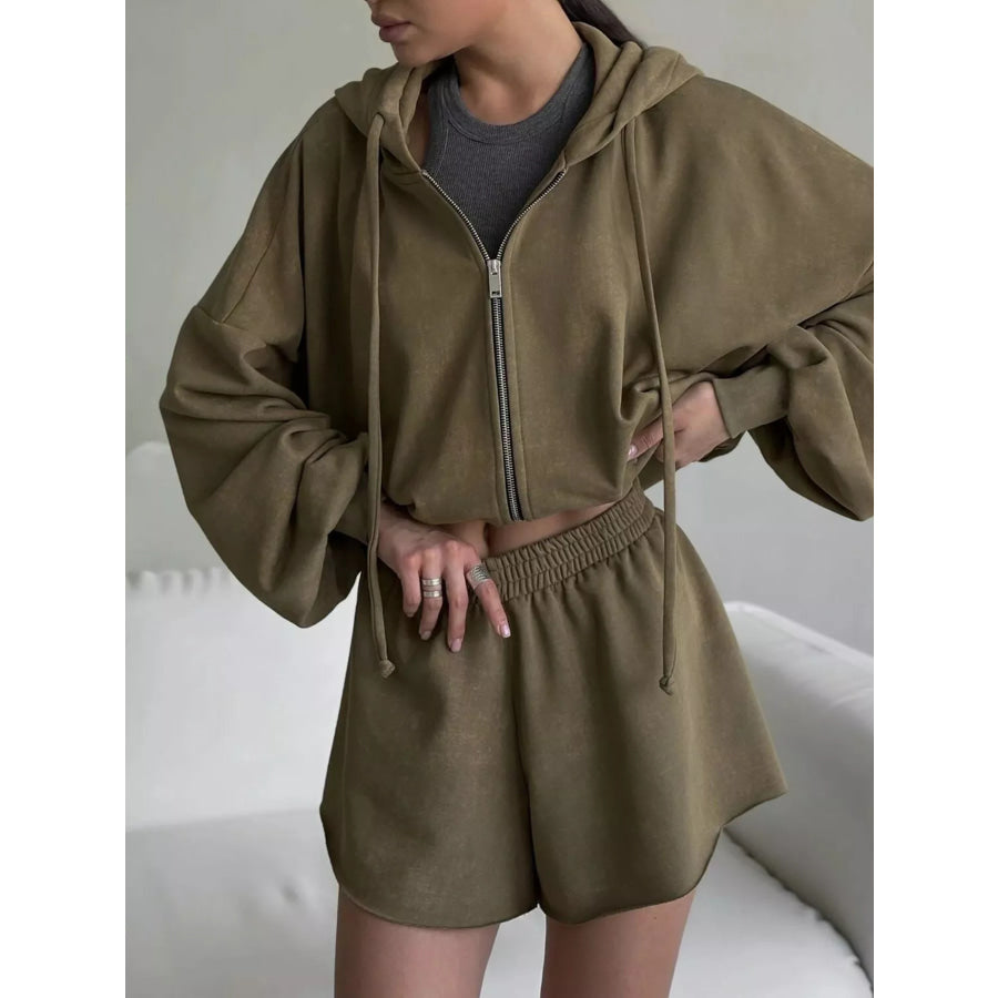 Zip Up Long Sleeve Outerwear and Shorts Set Army Green / S Apparel and Accessories